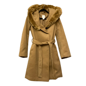 H&M Tan Belted Coat with Faux Fur Hood